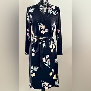 Black pastel floral print wrap dress